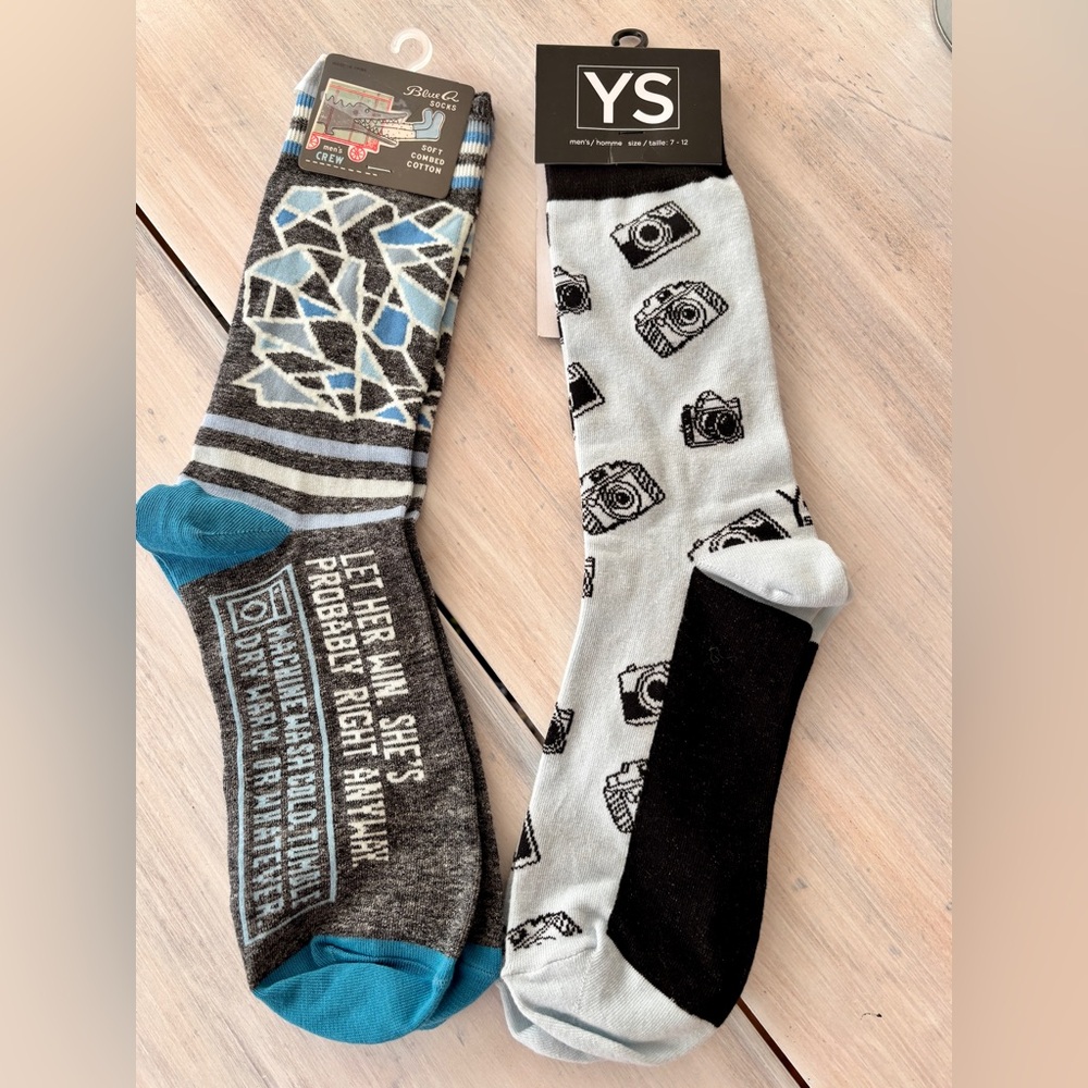Men’s Crew Socks 2‑Pack: Blue Q “Let Her Win” & YS Camera Print. Size 7–12